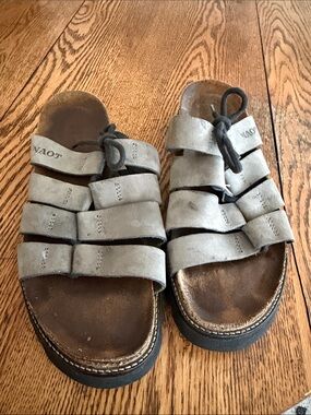 Naot Light Grey Suede Mika Multi-Strap Slide Sandals